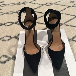 Aquazzura Liberty 105 Pumps Black Suede, Ankle Strap Heels NEW